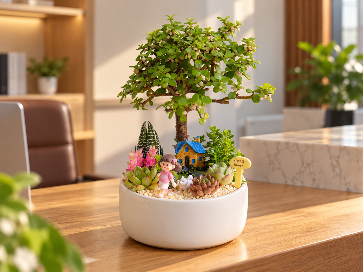 Tiểu cảnh sen đá nhiều cây và phụ kiện trang trí để bàn